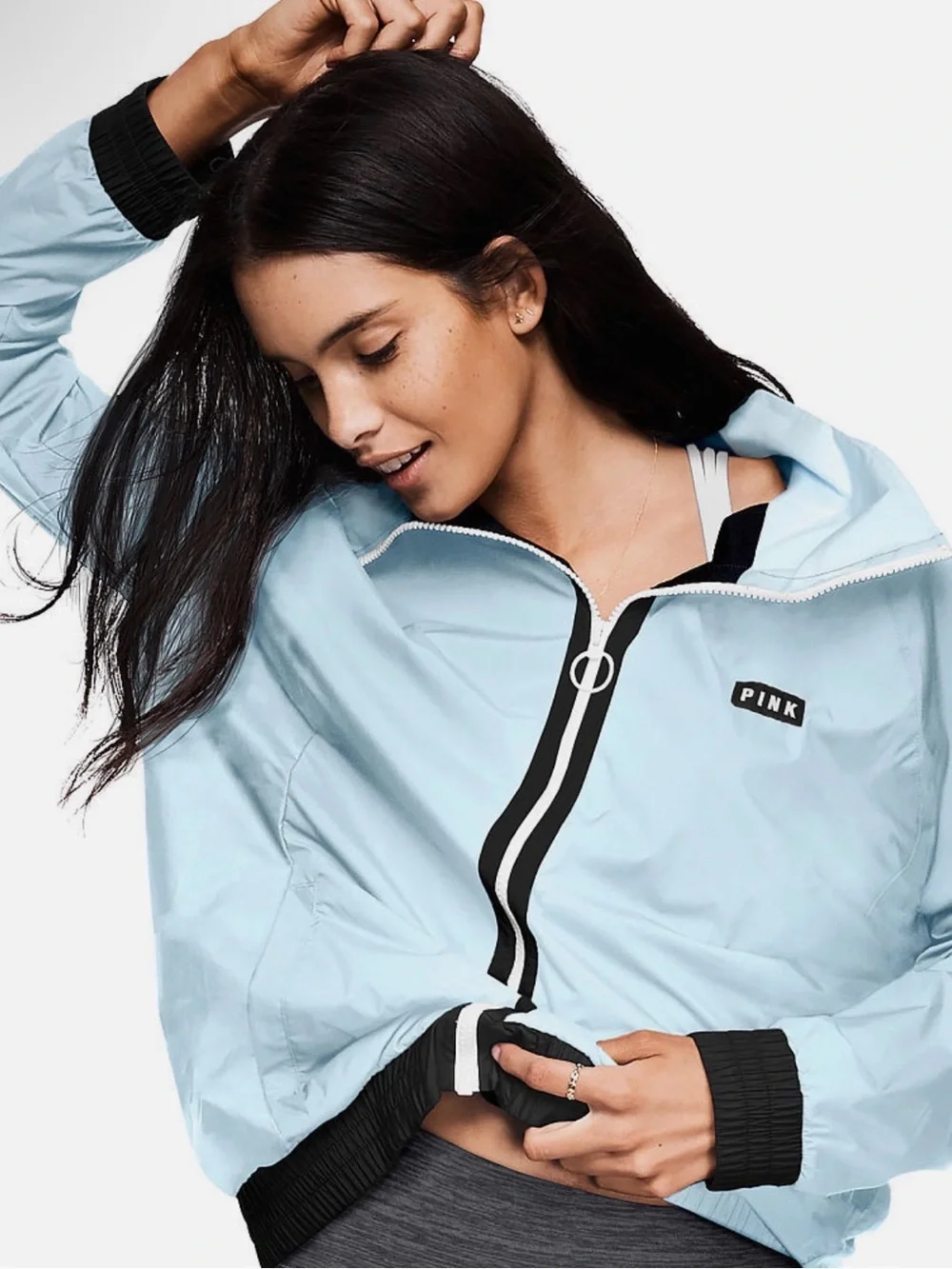 PINK Victoria's Secret Light Blue Windbreaker Jacket with Black Trim